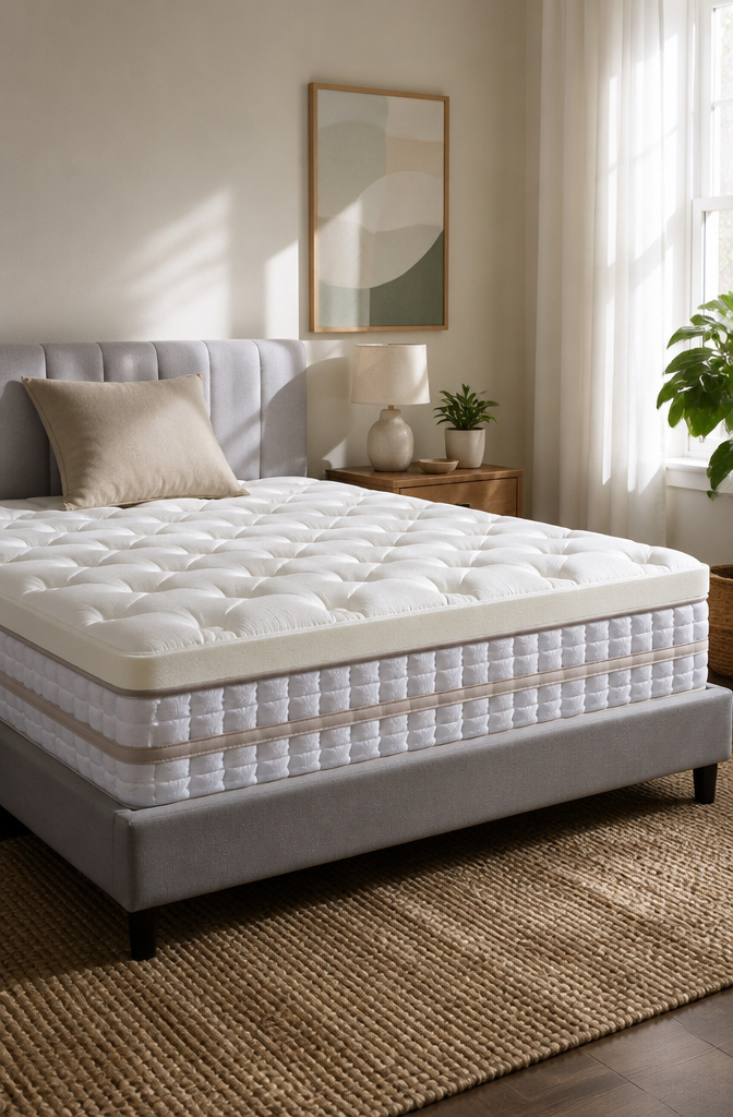 A hybrid mattress in a cozy bedroom, showcasing its layered structure.