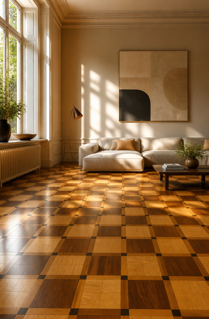 A parquet floor with dark oak and lighter maple in a checkerboard design.