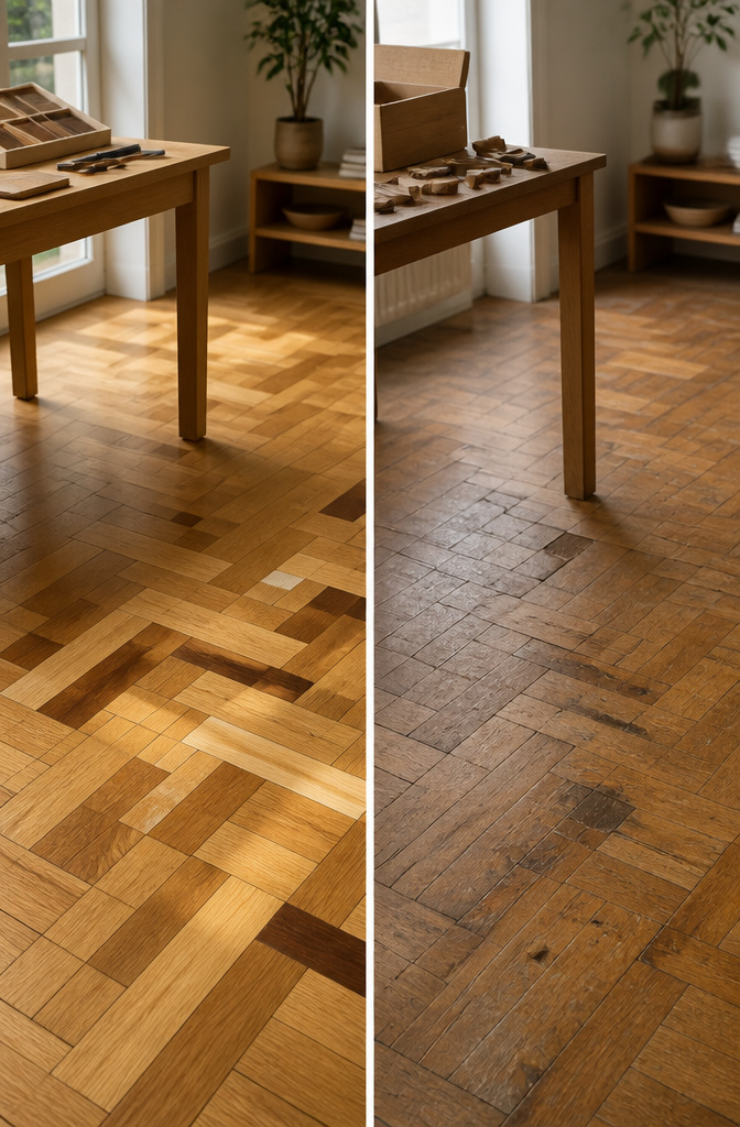 Tiles of parquet flooring made from different hardwoods.