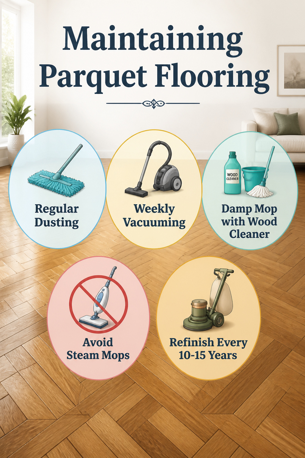 An image showing cleaning tools for maintaining parquet flooring.