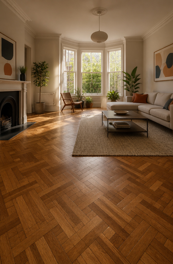 Parquet flooring displayed in a living room setting.
