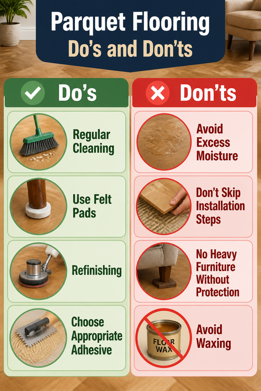 A graphic listing the do's and don'ts for parquet flooring.