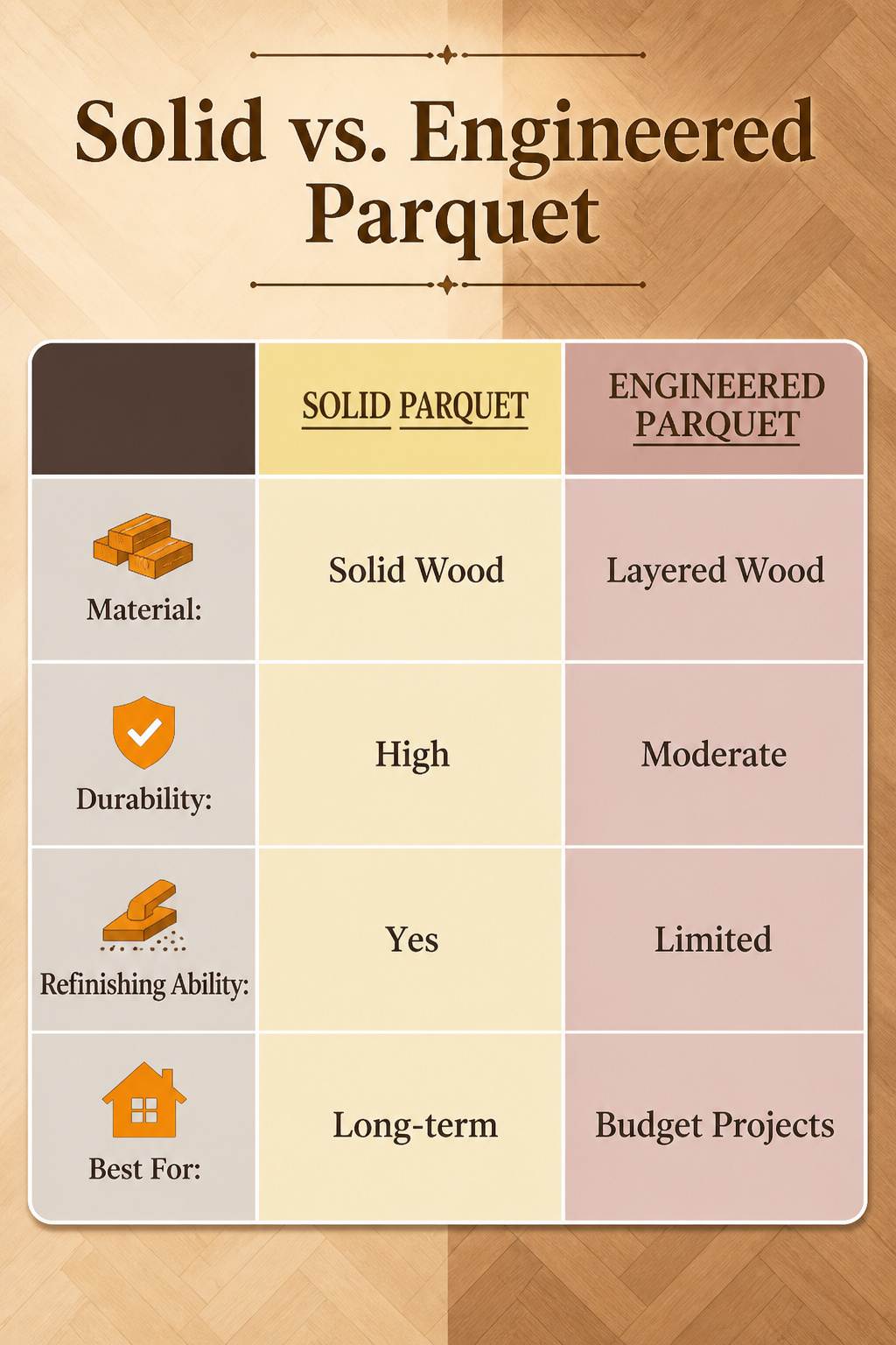 Visual comparison of solid and engineered parquet flooring.