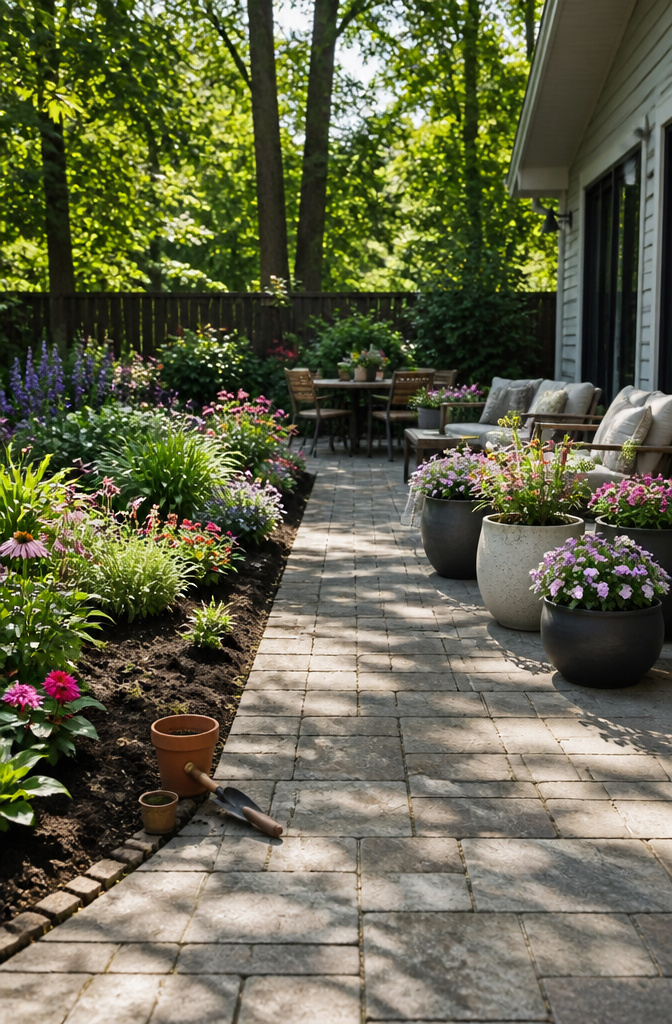 A garden bed filled with garden soil next to a container with potting mix.