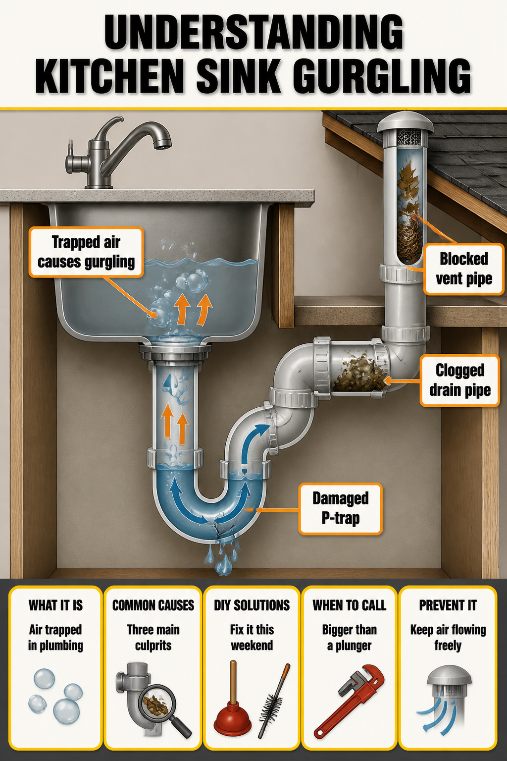 An infographic explaining kitchen sink gurgling.