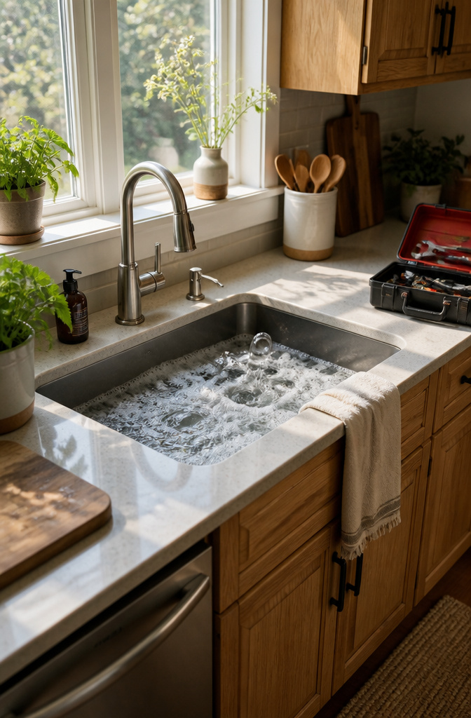 A kitchen sink with bubbling water suggesting plumbing frustration.