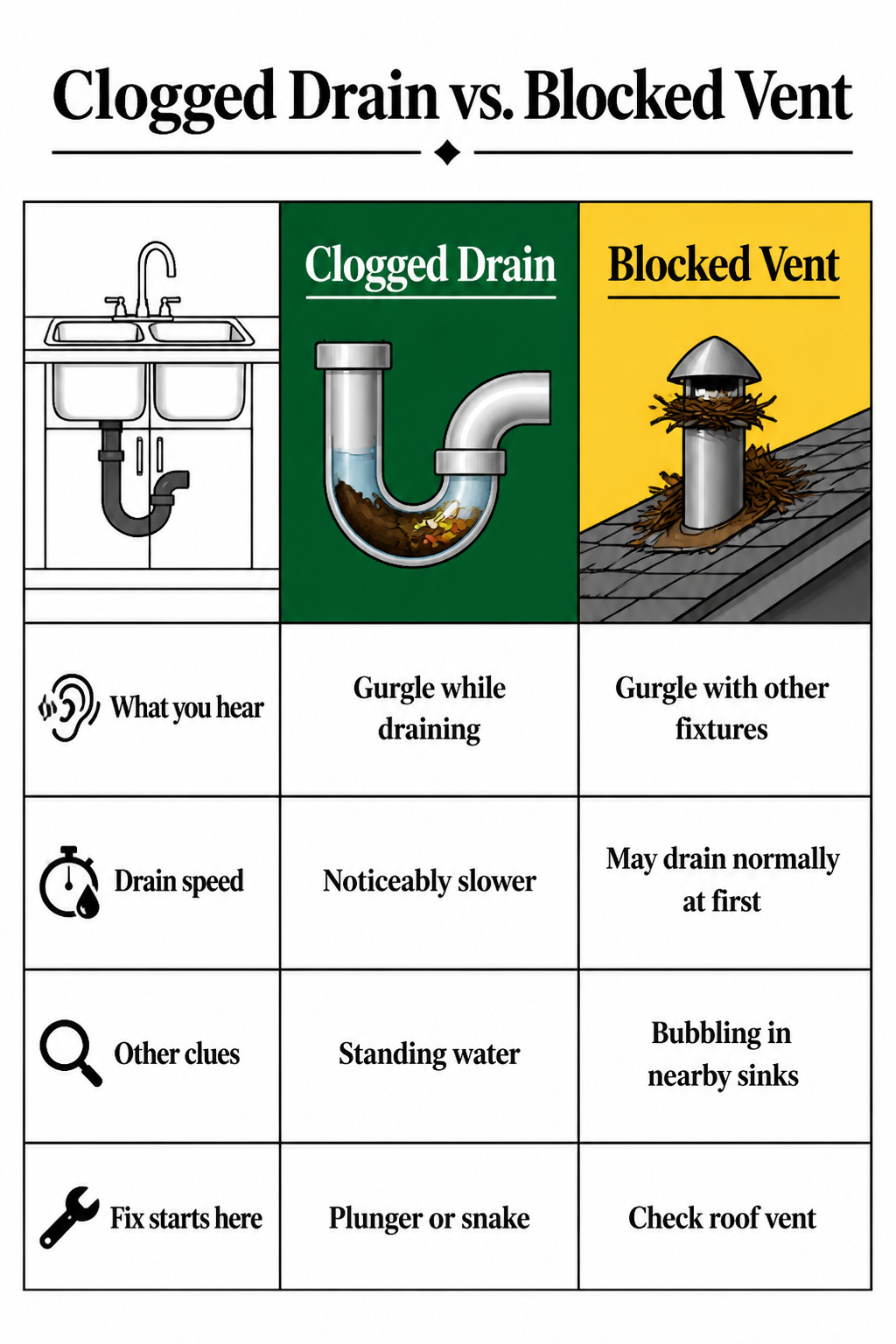 An infographic comparing clogged drains and blocked vents.