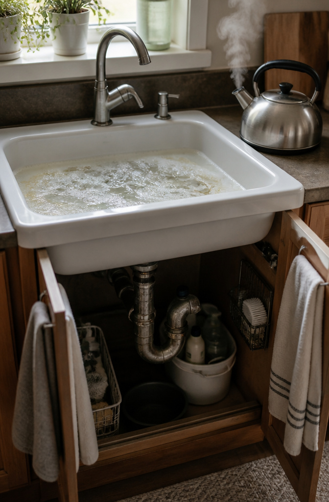 A kitchen sink with soapy water and a visible P-trap.