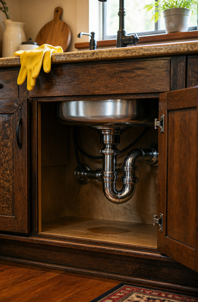 A close-up of a P-trap under a kitchen sink with water buildup.