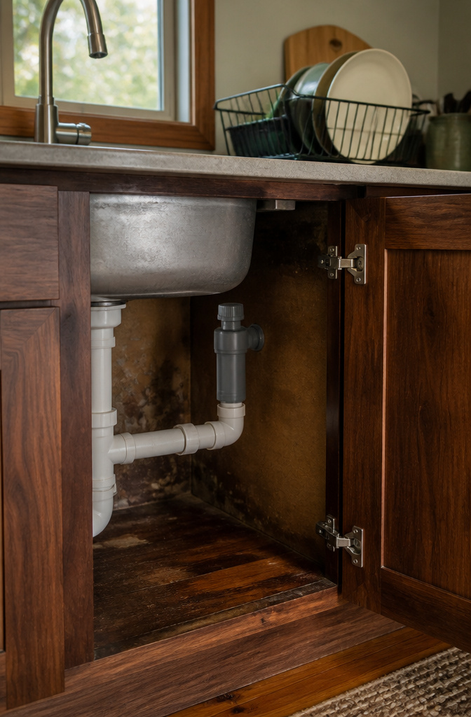 A mechanical air admittance valve positioned beneath a kitchen sink.