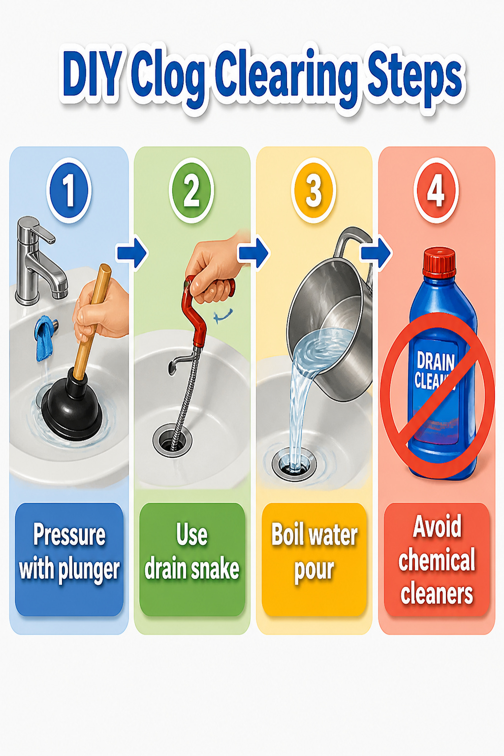 An infographic showing DIY clog clearing steps for a kitchen sink.