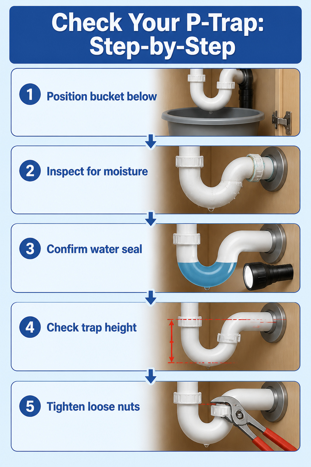 An infographic outlining step-by-step P-trap inspection.