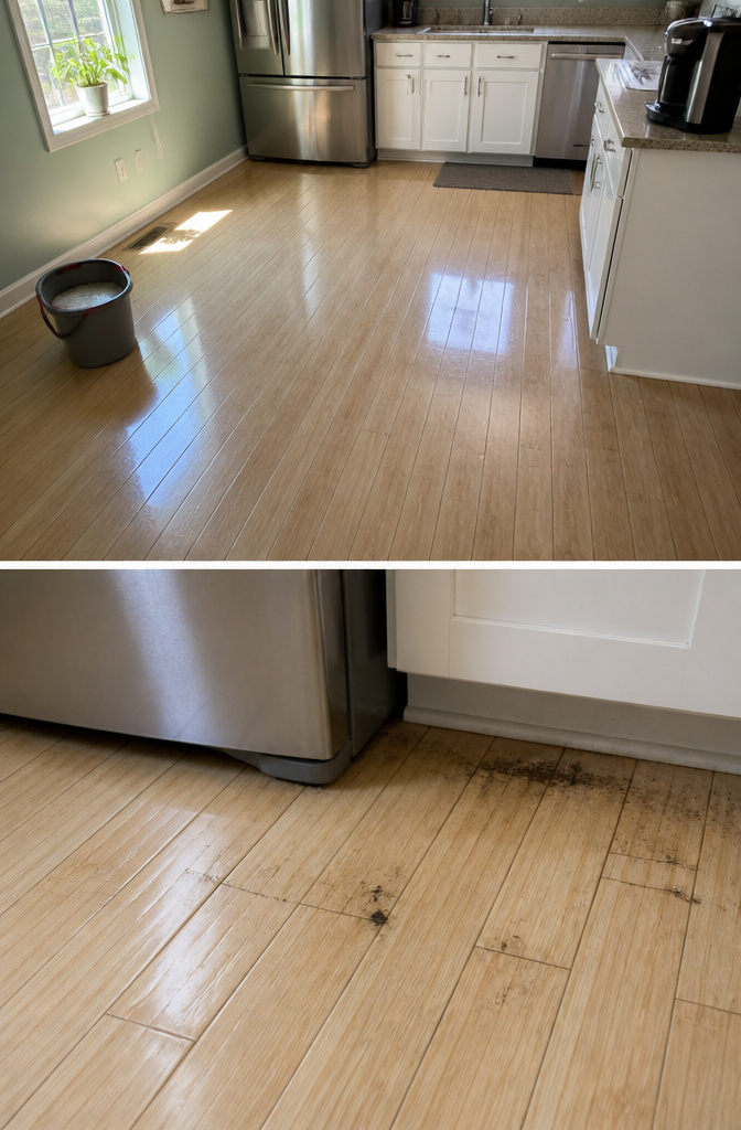 A close-up of a sticky floor with visible dirt and residue.