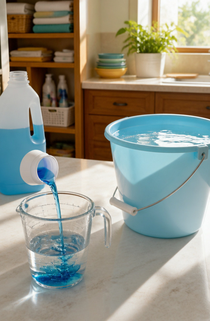 A capful of blue floor cleaner being measured into a clear cup.