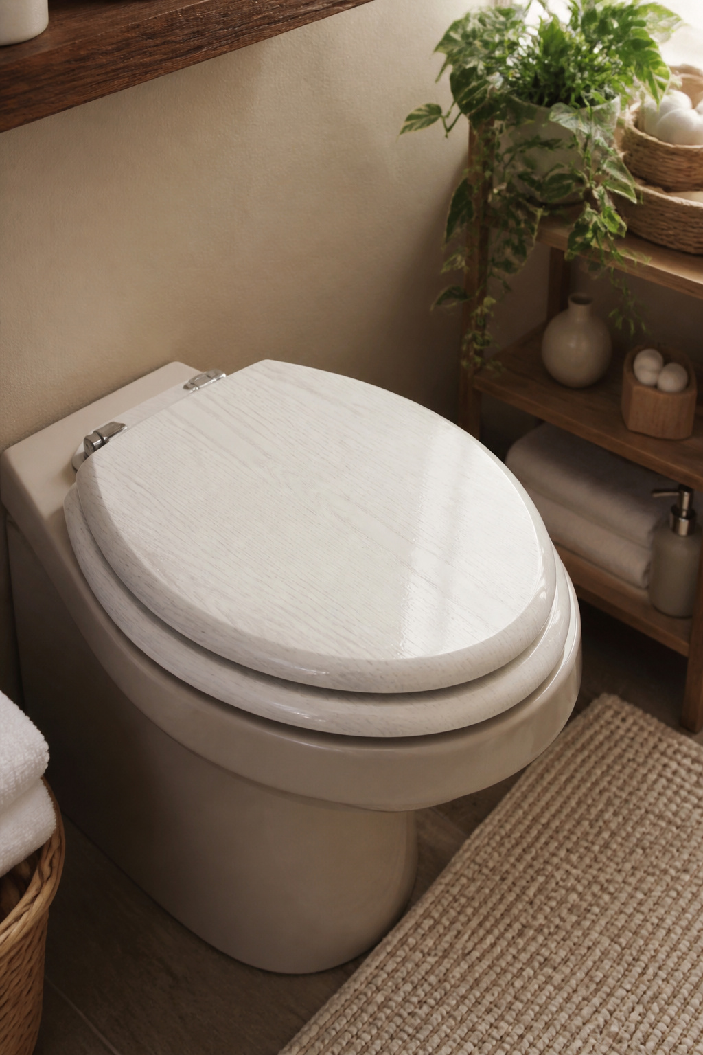 A close-up of an enameled wood toilet seat highlighting its finish.