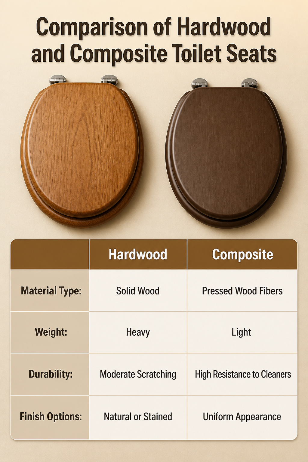 An informational image comparing hardwood and composite toilet seats.