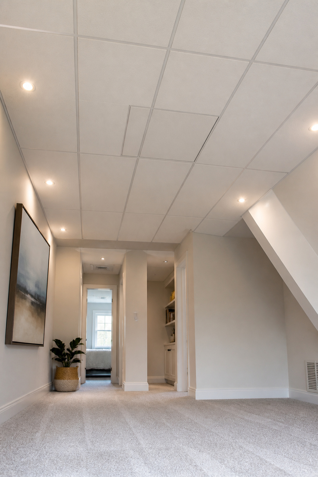 A drop ceiling grid hiding an attic closet door.
