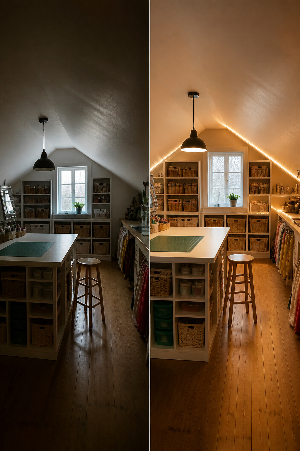 LED lights installed under sloping roofs in an attic craft room.