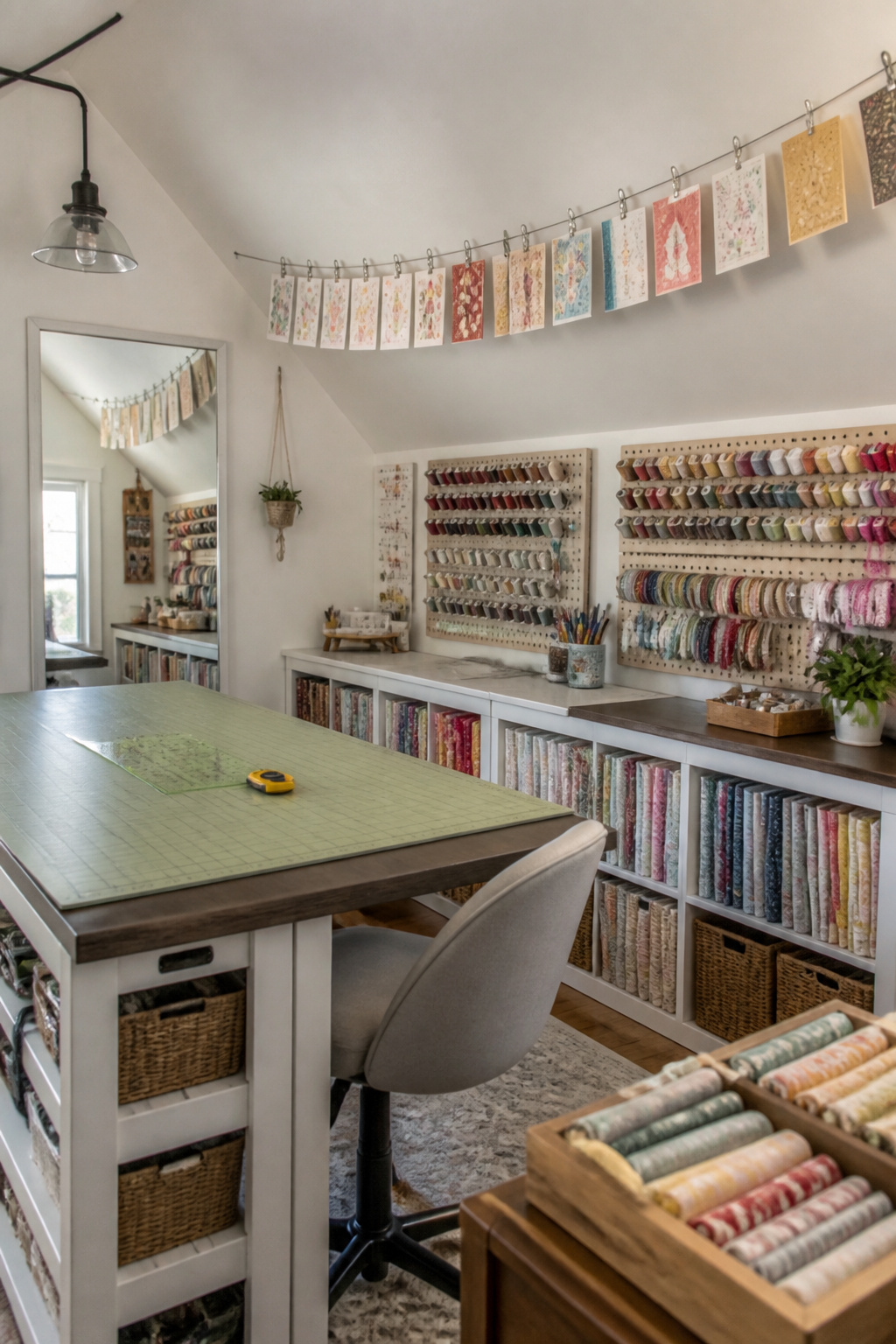 An attic sewing room with warm off-white painted sloped ceilings.