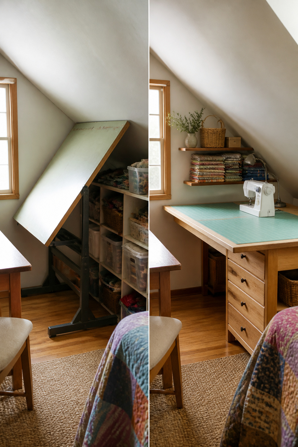 A vintage drafting table tilted under a sloped ceiling in an attic.