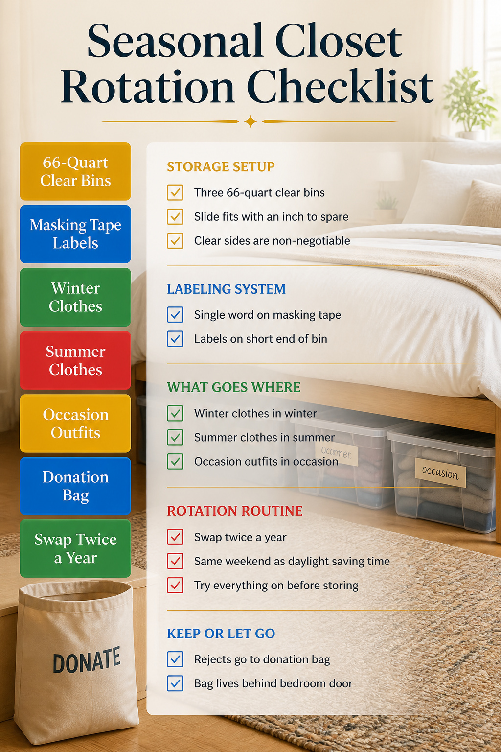 Clear storage bins slid under a bed for seasonal clothing.