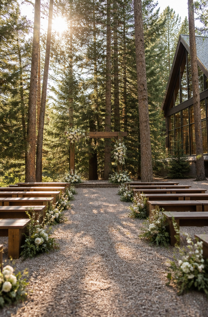 Colorado Forest Wedding Venues: 14 Meaningful Places 10 Wooden altar with floral arrangements in a forest clearing.