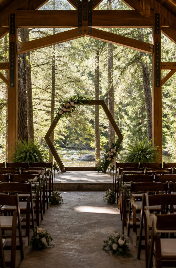 Colorado Forest Wedding Venues: 14 Meaningful Places 11 Wooden pavilion framed by trees near a creek.