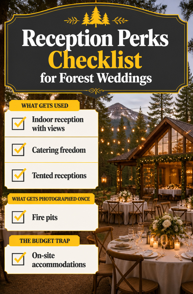 Colorado Forest Wedding Venues: 14 Meaningful Places 18 Checklist outlining reception perks for forest wedding venues.