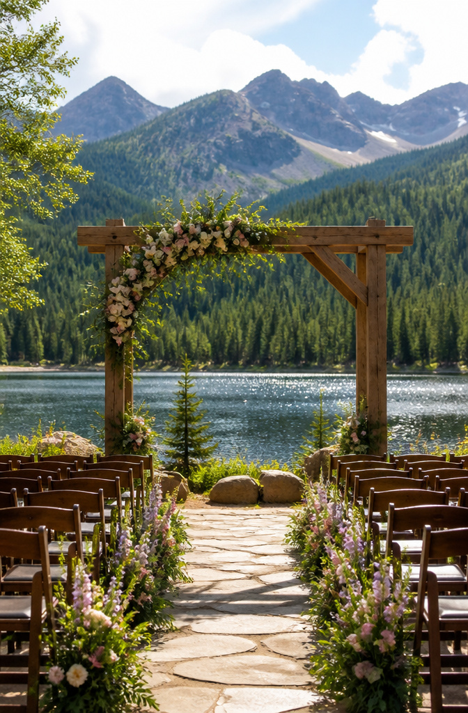 Colorado Forest Wedding Venues: 14 Meaningful Places 3 Wooden altar with floral arrangements beside a lake and mountains.