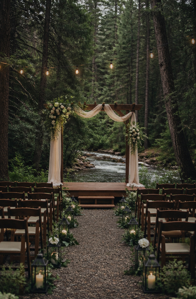 Colorado Forest Wedding Venues: 14 Meaningful Places 4 Wooden altar overlooking a creek in a forest setting.