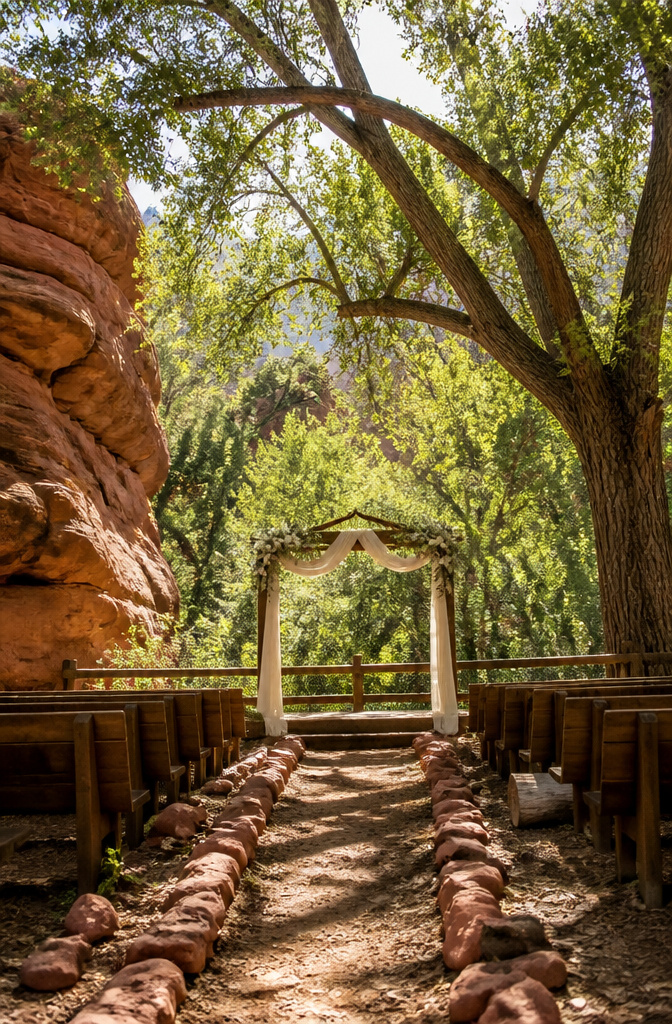 Colorado Forest Wedding Venues: 14 Meaningful Places 7 Ceremony space with red rock cliffs and cottonwood trees.