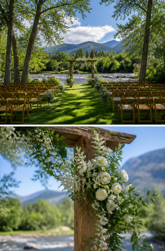 Colorado Forest Wedding Venues: 14 Meaningful Places 8 Grassy lawn by a river with mountains in the background.