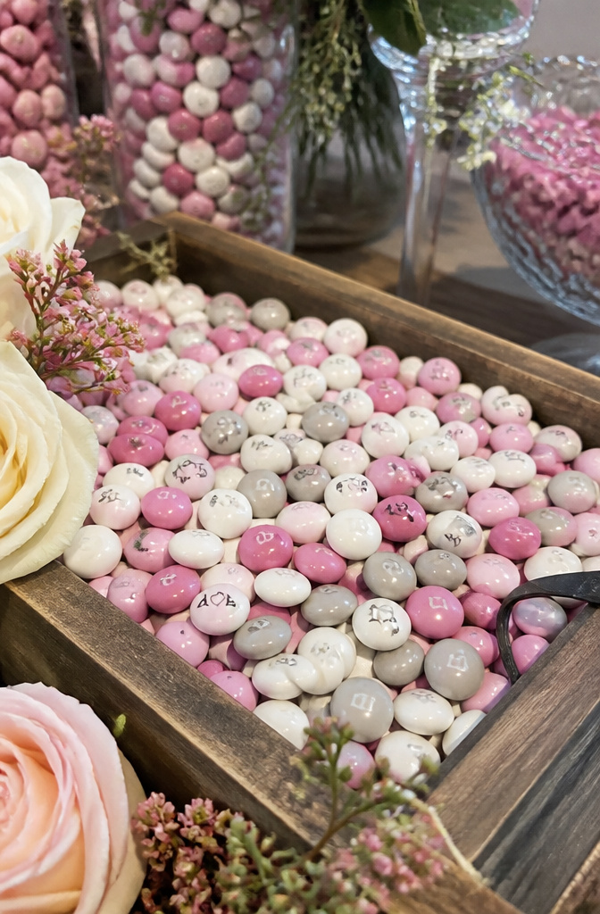 Candy for Wedding Favors and Buffets: Ideas for 2026 1 A display of personalized M&M'S candies in a wooden crate.
