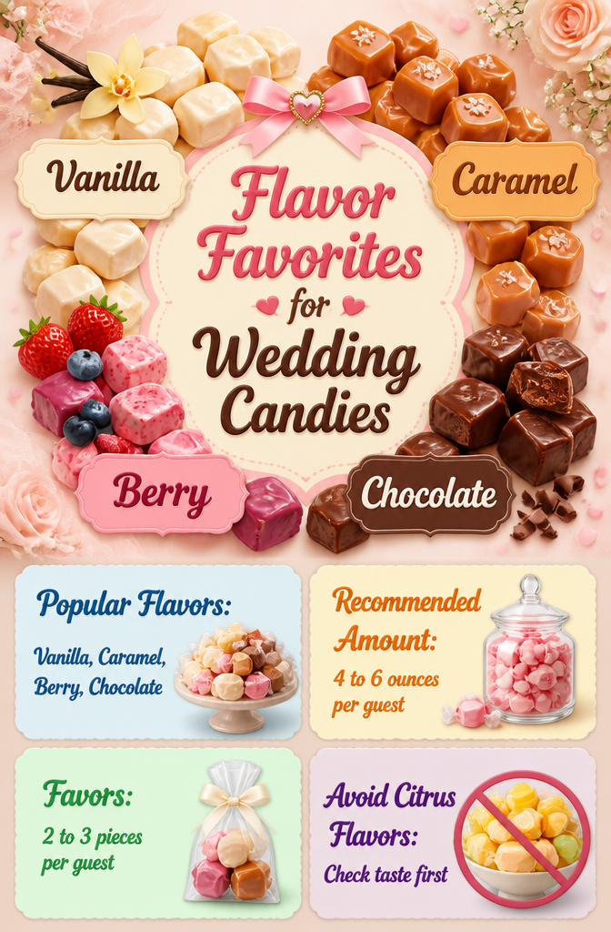 Candy for Wedding Favors and Buffets: Ideas for 2026 13 An array of candy flavors displayed for guests.
