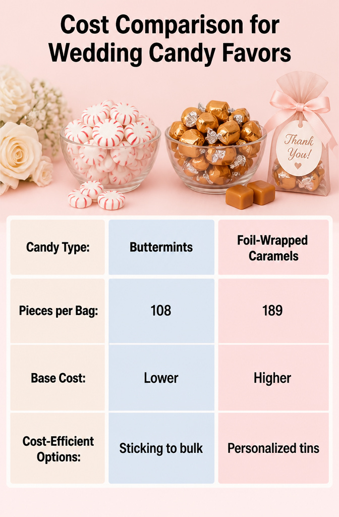 Candy for Wedding Favors and Buffets: Ideas for 2026 14 Cost comparison chart for wedding candy favors.