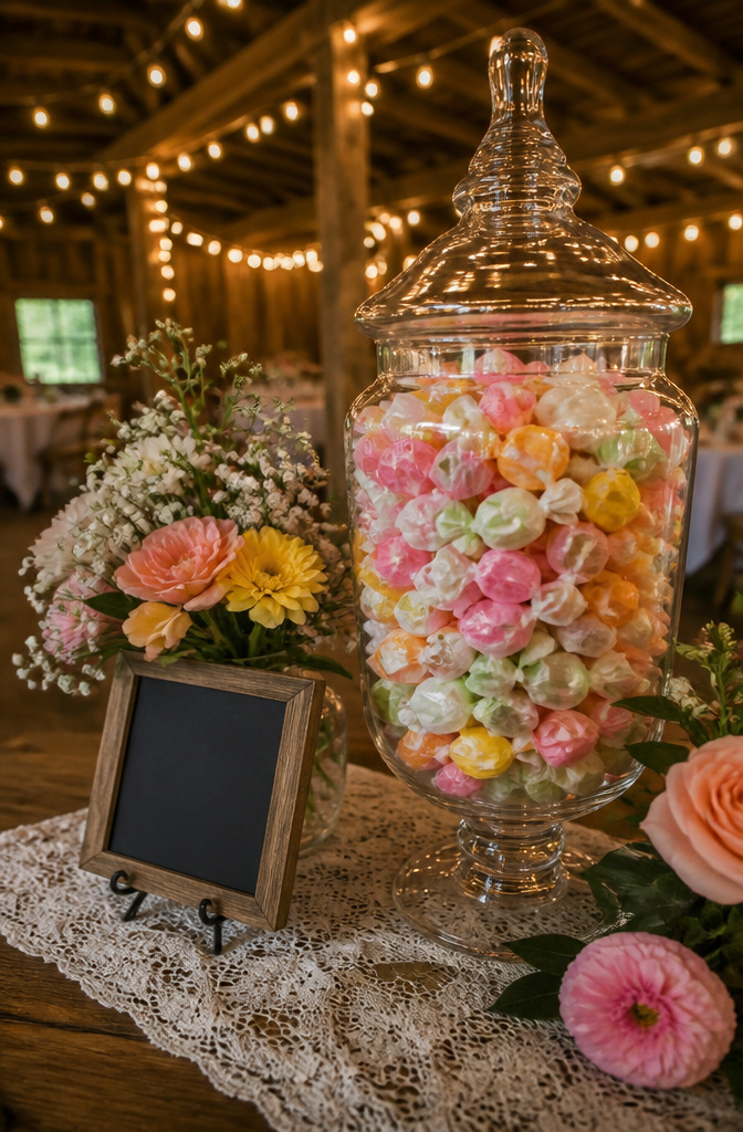 Candy for Wedding Favors and Buffets: Ideas for 2026 2 An apothecary jar filled with colorful salt water taffy.