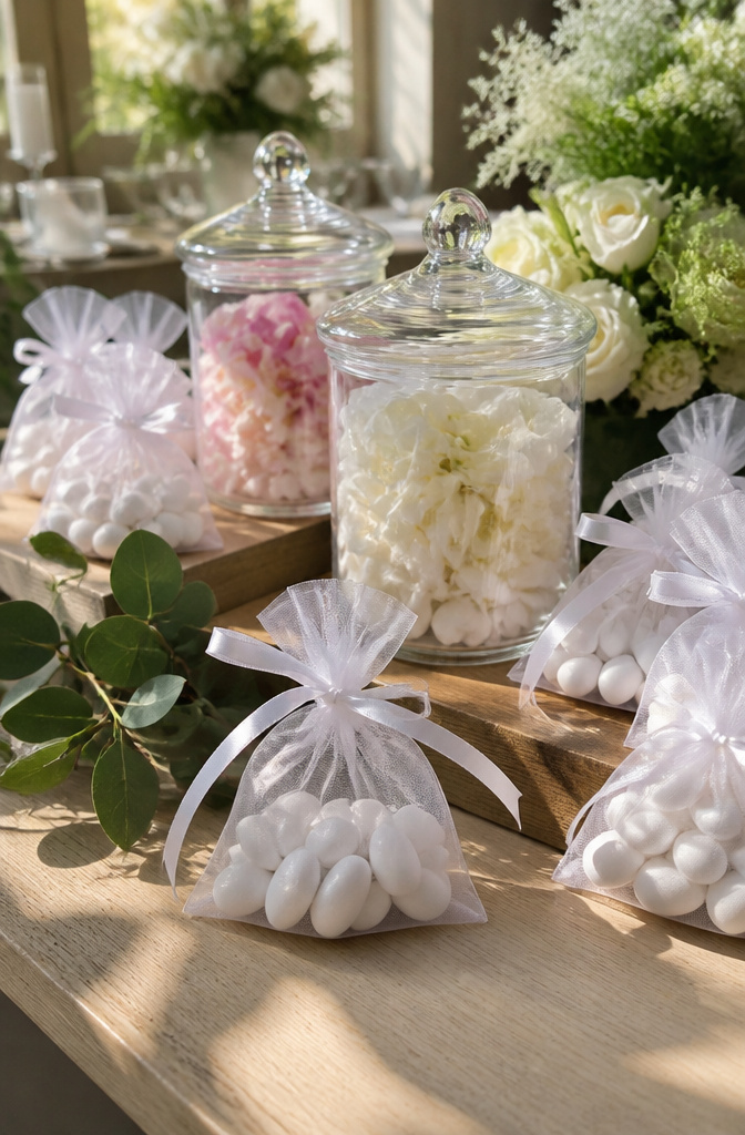 Candy for Wedding Favors and Buffets: Ideas for 2026 3 Jordan almonds arranged in organza bags on a table.