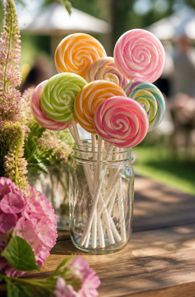 Candy for Wedding Favors and Buffets: Ideas for 2026 5 Lollipops arranged upright in a mason jar.
