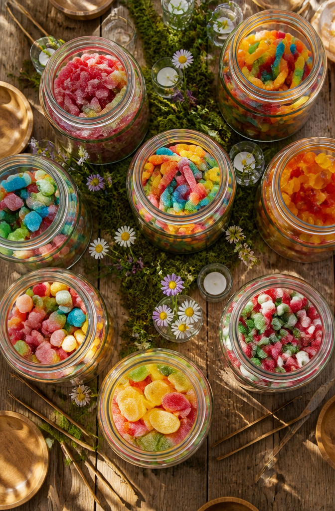 Candy for Wedding Favors and Buffets: Ideas for 2026 6 Layered gummy candies in colorful apothecary jars.