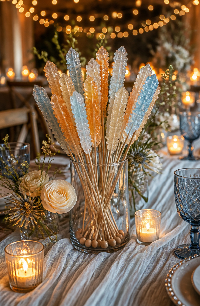 Candy for Wedding Favors and Buffets: Ideas for 2026 7 Colorful rock candy sticks displayed in a glass vase.