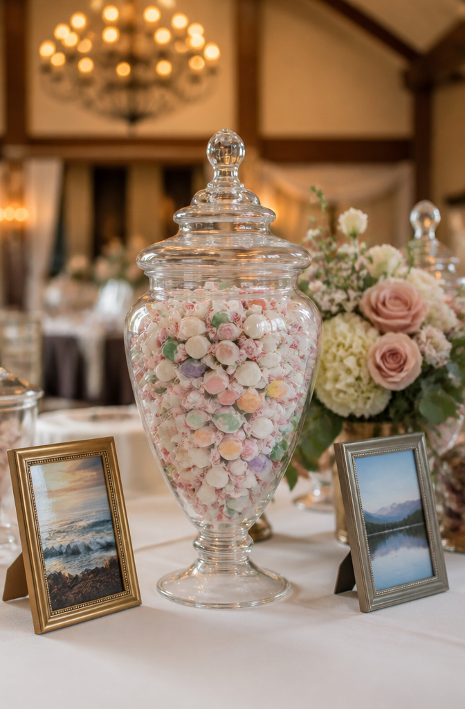 Candy for Wedding Favors and Buffets: Ideas for 2026 8 An apothecary jar filled with assorted buttermints.