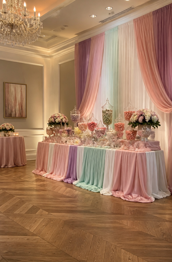 Candy for Wedding Favors and Buffets: Ideas for 2026 9 Candy buffet setup with scoops, tongs, and bags.