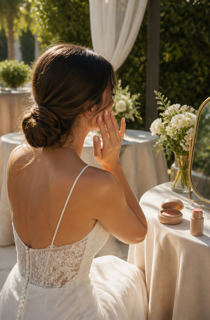 Clean Girl Makeup: A Complete Guide to the Look in 2026 3 Bride applying cream blush outdoors with soft fabrics in the background.
