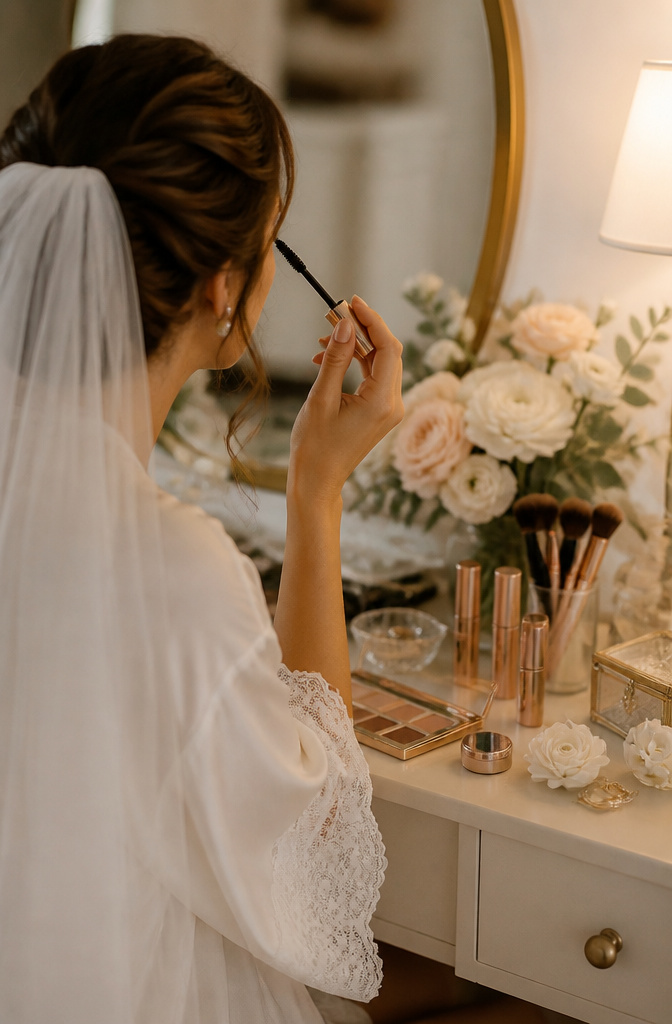 Clean Girl Makeup: A Complete Guide to the Look in 2026 5 Bride at a vanity applying mascara with floral arrangements around her.