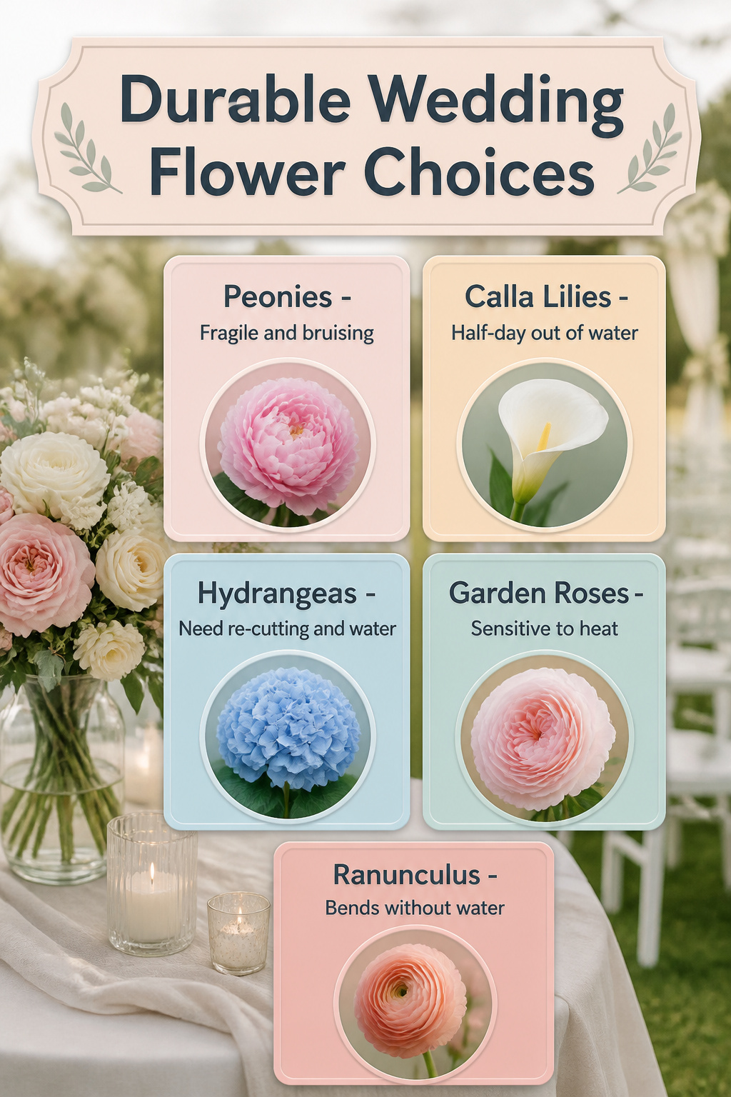 Calla lilies displayed as a durable wedding flower choice.