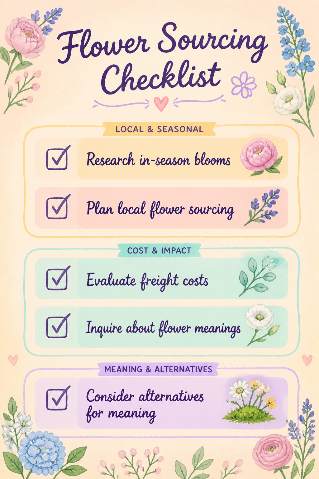 Checklist for sourcing flowers for a wedding.