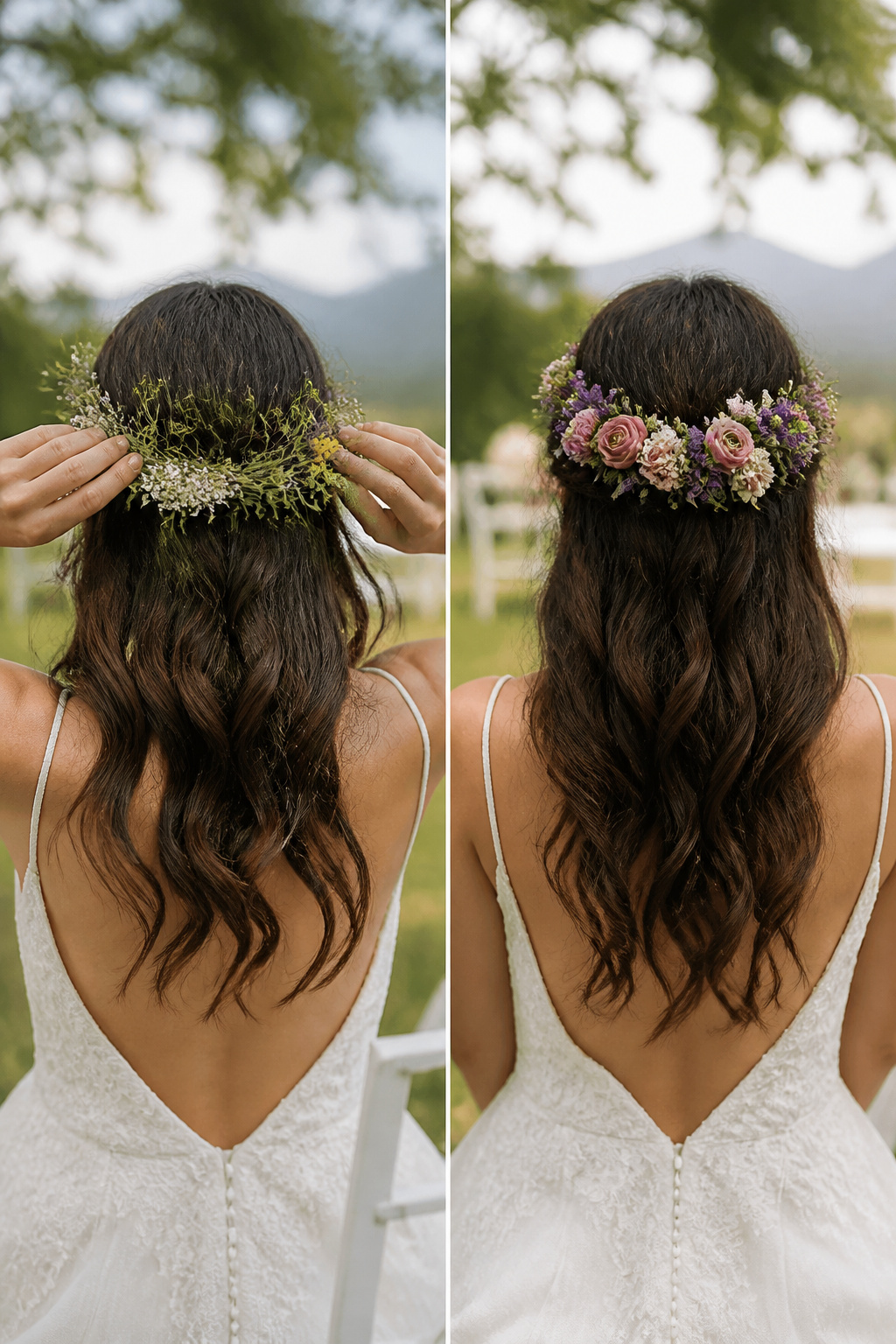 A bride wearing a flower crown made of fresh flowers.