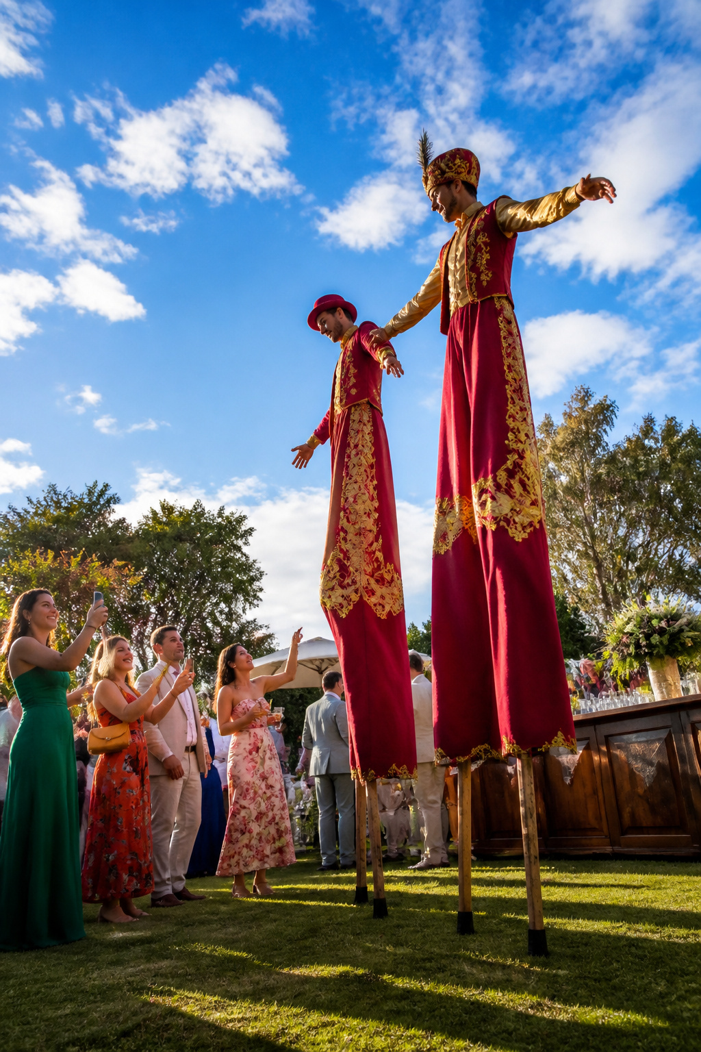 Stilt walkers in colorful costumes entertain guests at a wedding.