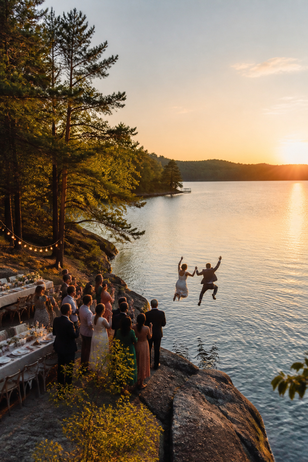 A couple jumping into a lake during their wedding celebration.