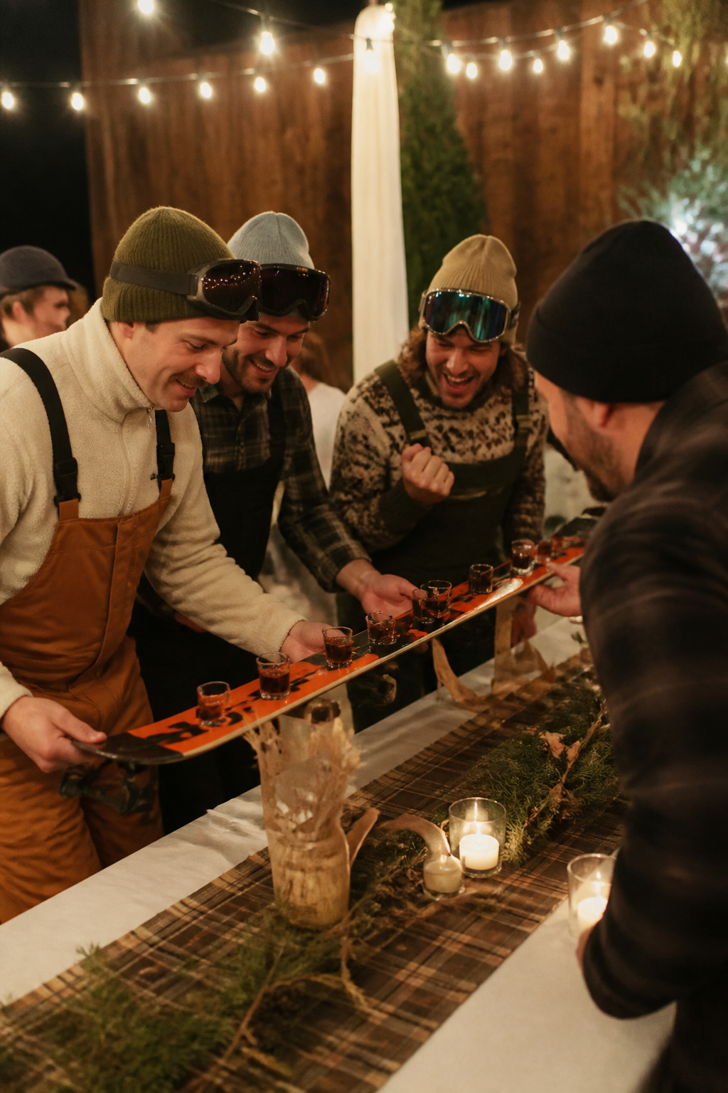 A ski shot setup with glasses arranged for guests at a wedding.